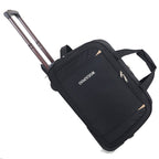 Black rolling suitcase with handle and visible brand name on a white background