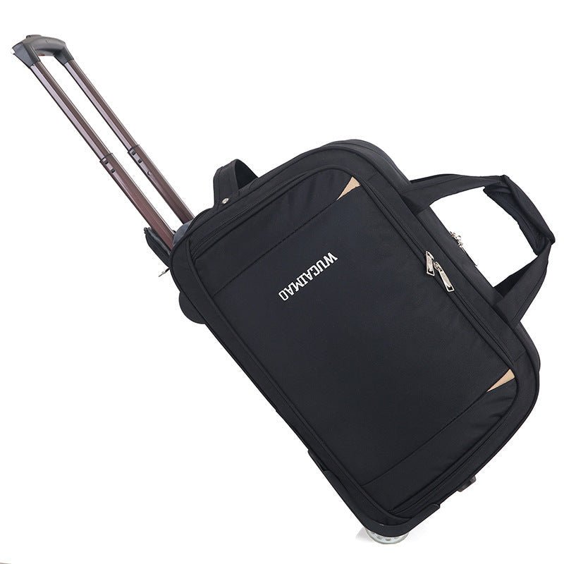 Black rolling suitcase with handle and visible brand name on a white background