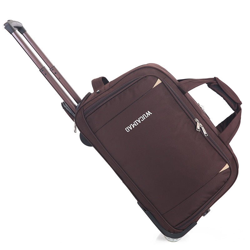 Brown rolling suitcase with visible brand name on a white background
