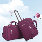 Two purple suitcases with wheels against a light blue background with hot air balloons.