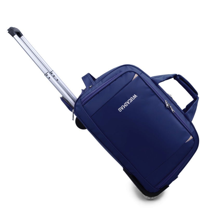 Blue suitcase with a handle on a white background