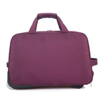 Purple suitcase with wheels on a white background
