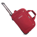Red suitcase with handle and wheels on a white background