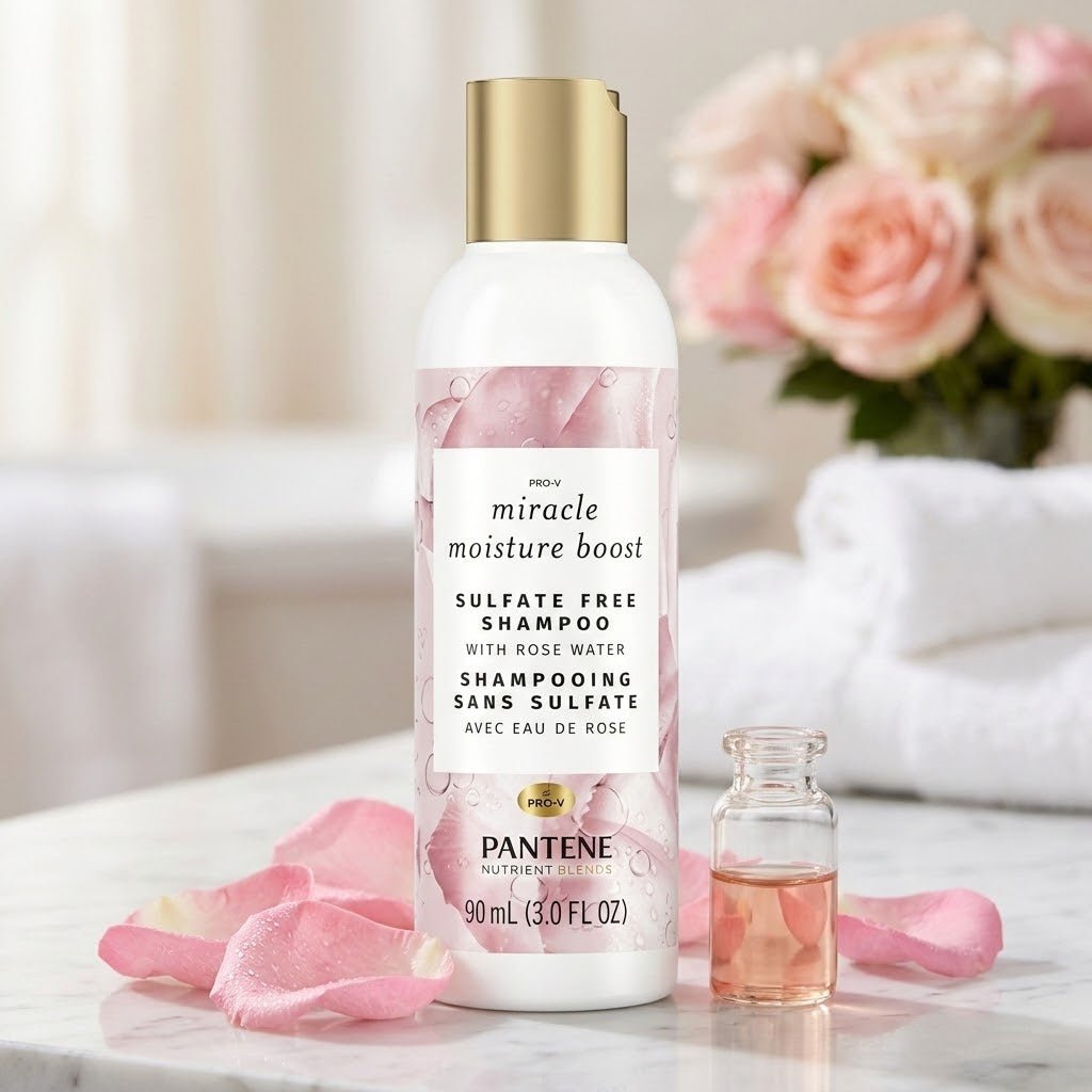 Pantene travel shampoo on marble counter with rose petals and small bottle