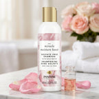 Pantene travel shampoo on marble counter with rose petals and small bottle