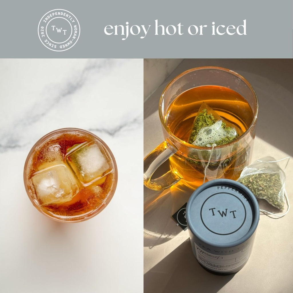 Peppermint Mini Tea Tube – Crisp Herbal Blend (5 Sachets) iced tea and tea sachets in a cozy setting