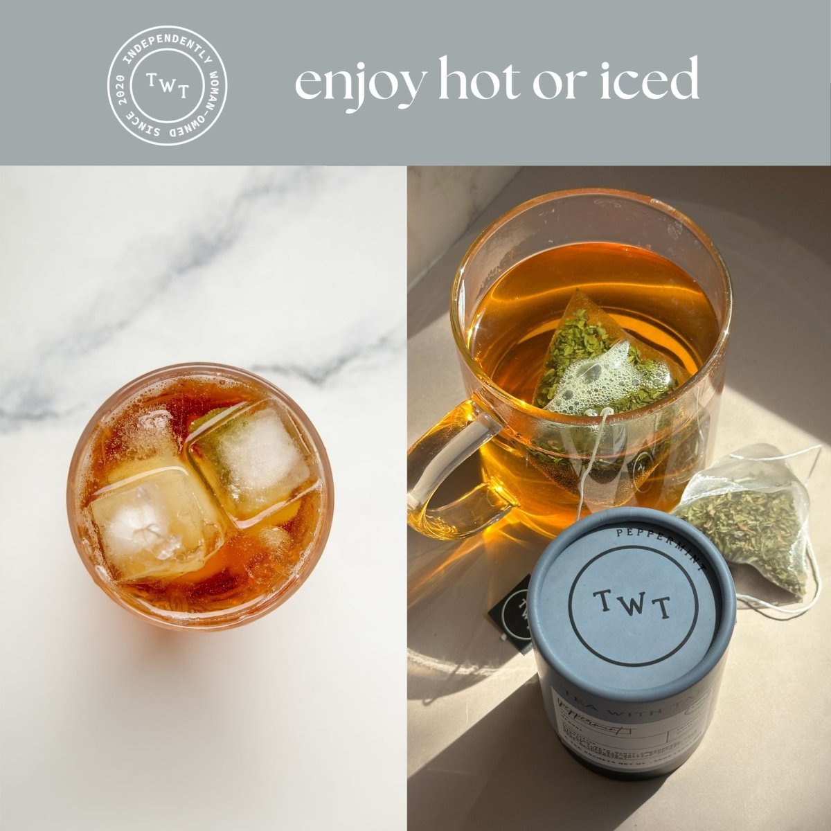 Peppermint Mini Tea Tube – Crisp Herbal Blend (5 Sachets) iced tea and tea sachets in a cozy setting