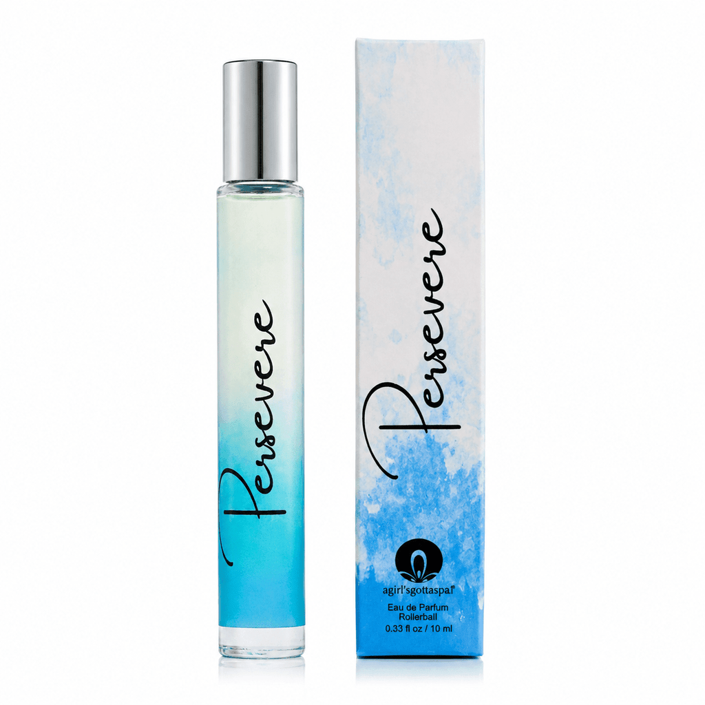 A perfume bottle with a silver cap next to its matching box, both featuring a blue watercolor gradient design with the brand name 'Persevere' in black script. The perfume is by the brand 'Scent of Nature'.