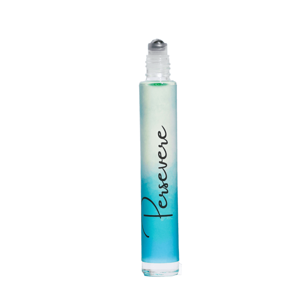 Roll-on bottle with 'Persevere' text on a gradient blue background