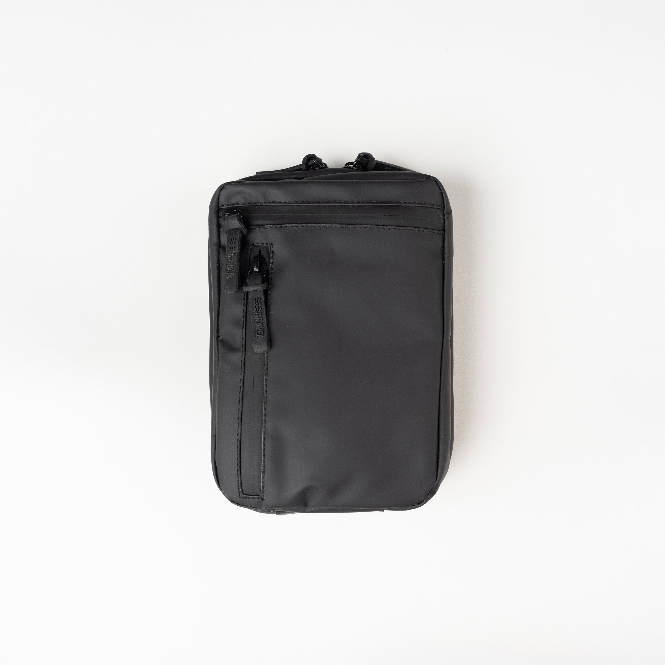 Black pouch with zippers on a white background