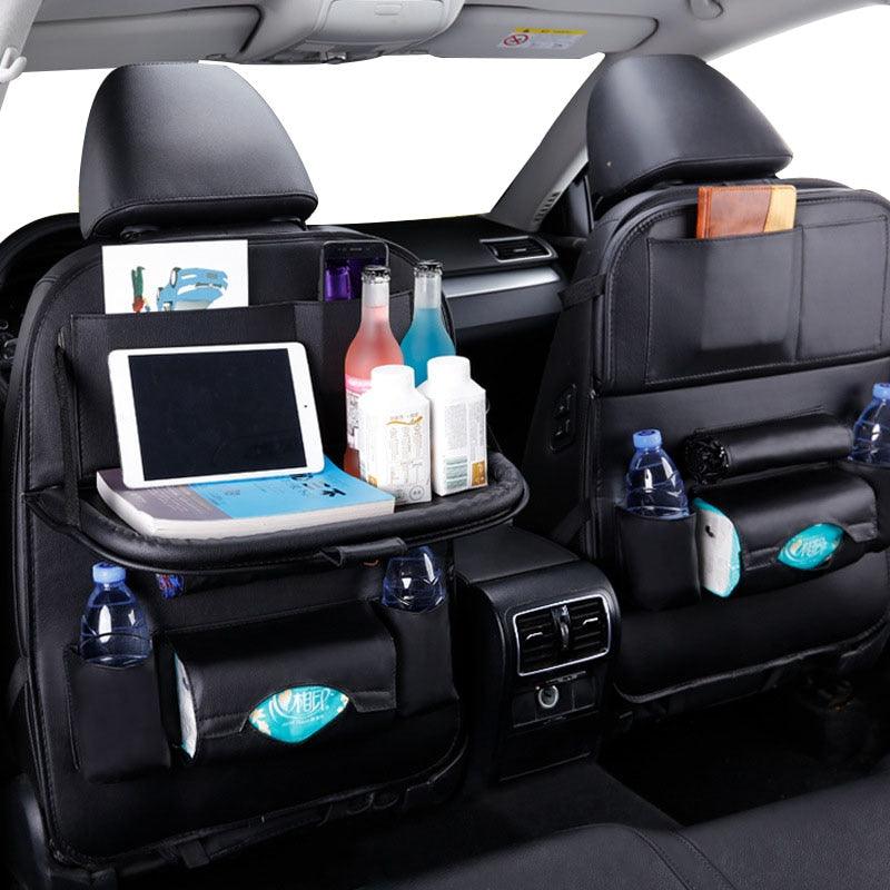 Premium PU Leather Car Backseat Organizer with Foldable Tray Table - 3ozs