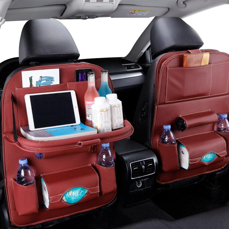 Premium PU Leather Car Backseat Organizer with Foldable Tray Table - 3ozs
