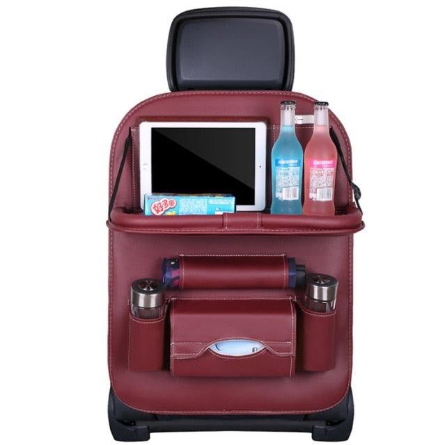 Premium PU Leather Car Backseat Organizer with Foldable Tray Table - 3ozs