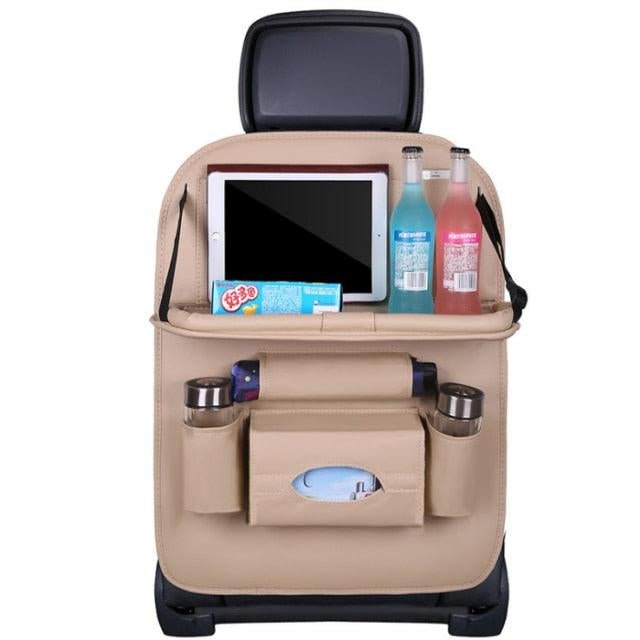 Premium PU Leather Car Backseat Organizer with Foldable Tray Table - 3ozs