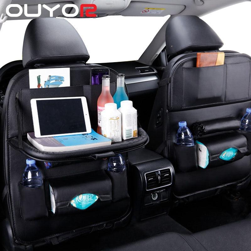 Premium PU Leather Car Backseat Organizer with Foldable Tray Table - 3ozs