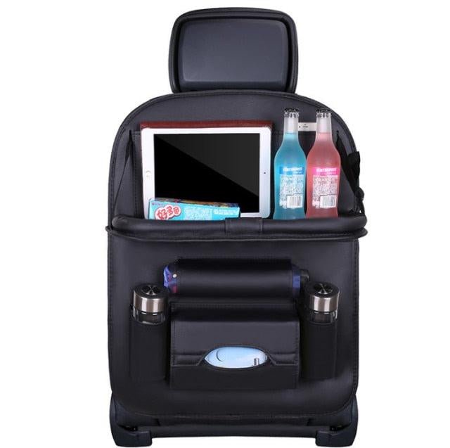 Premium PU Leather Car Backseat Organizer with Foldable Tray Table - 3ozs