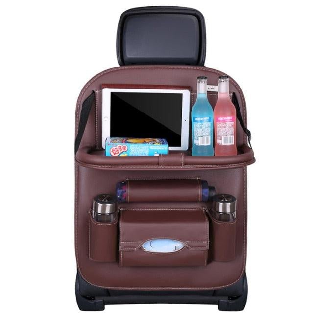 Premium PU Leather Car Backseat Organizer with Foldable Tray Table - 3ozs
