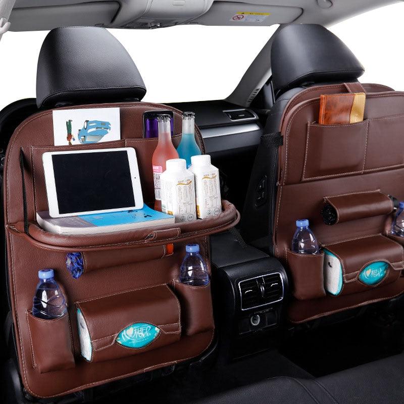 Premium PU Leather Car Backseat Organizer with Foldable Tray Table - 3ozs