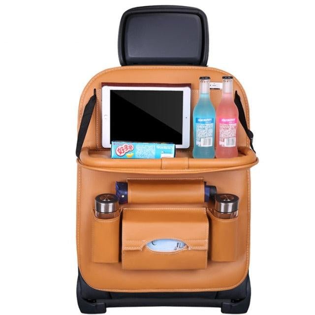 Premium PU Leather Car Backseat Organizer with Foldable Tray Table - 3ozs