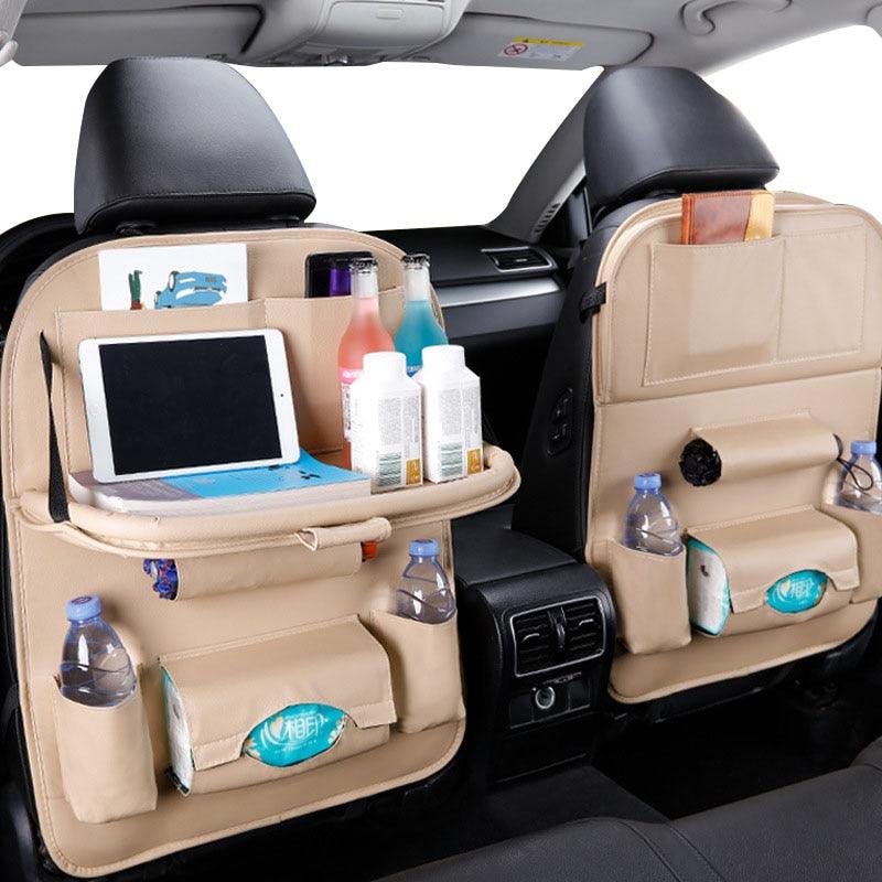 Premium PU Leather Car Backseat Organizer with Foldable Tray Table - 3ozs