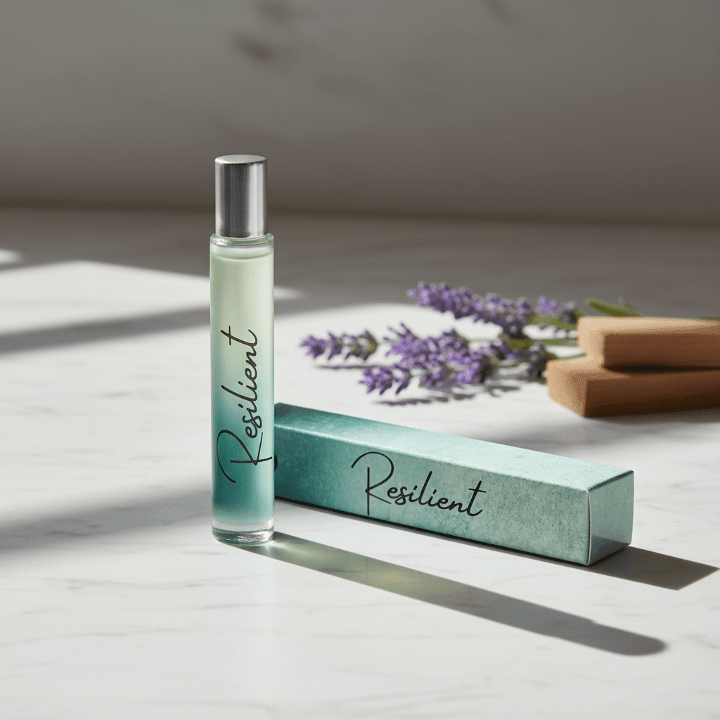 Roll-on bottle labeled 'Resilient' with its packaging on a light surface with lavender flowers in the background.