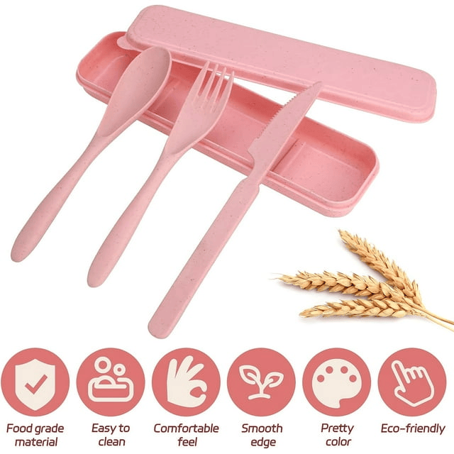 Reuseable Travel Cutlery with Case - 4 Sets in pink