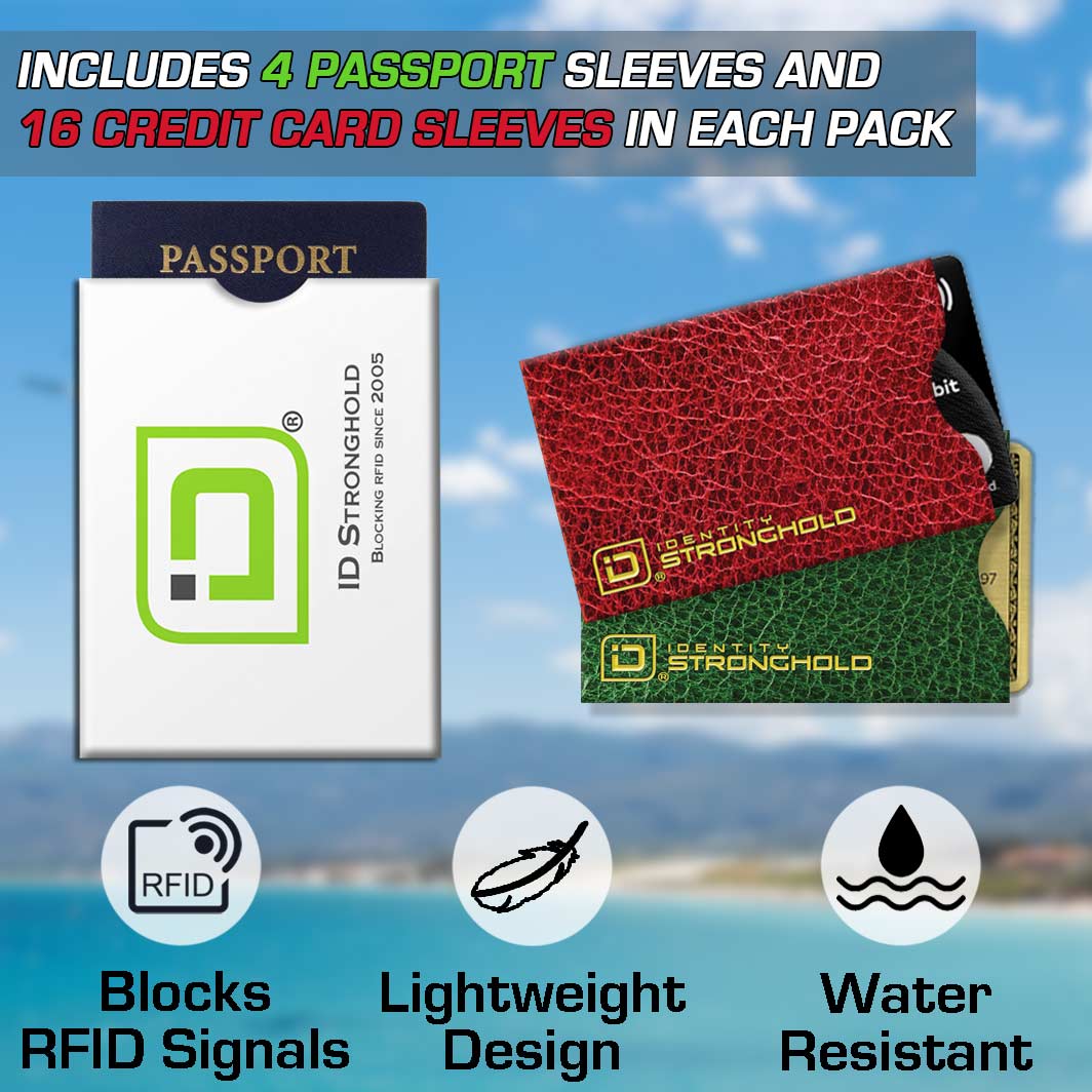 RFID Blocking Credit Card and Passport Sleeves (20 Pack) with 4 passport sleeves and 16 credit card sleeves in each pack.