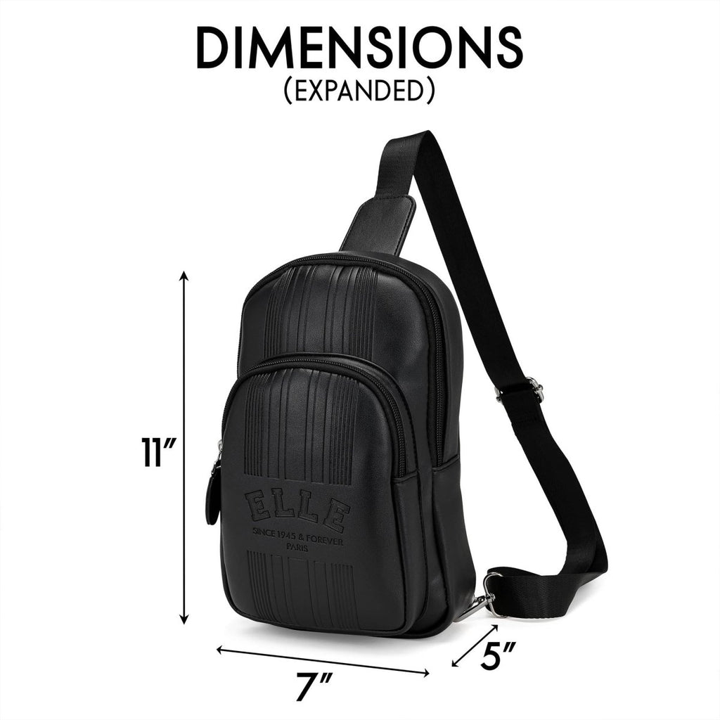 Black sling bag with dimensions labeled on a white background