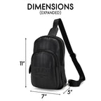 Black sling bag with dimensions labeled on a white background