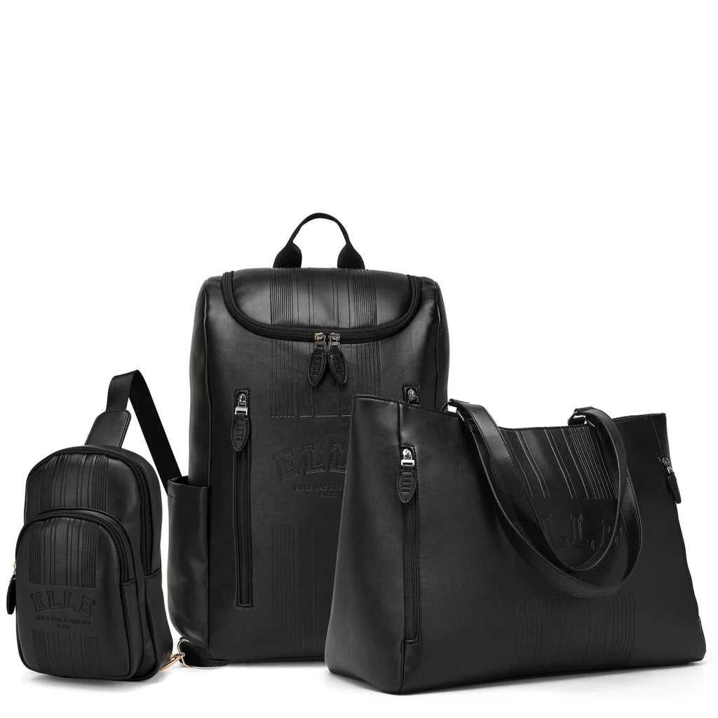 Set of black leather bags including a backpack, crossbody bag, and smaller pouch on a white background.