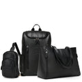 Set of black leather bags including a backpack, crossbody bag, and smaller pouch on a white background.