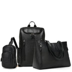 Set of black leather bags including a backpack, crossbody bag, and smaller pouch on a white background.