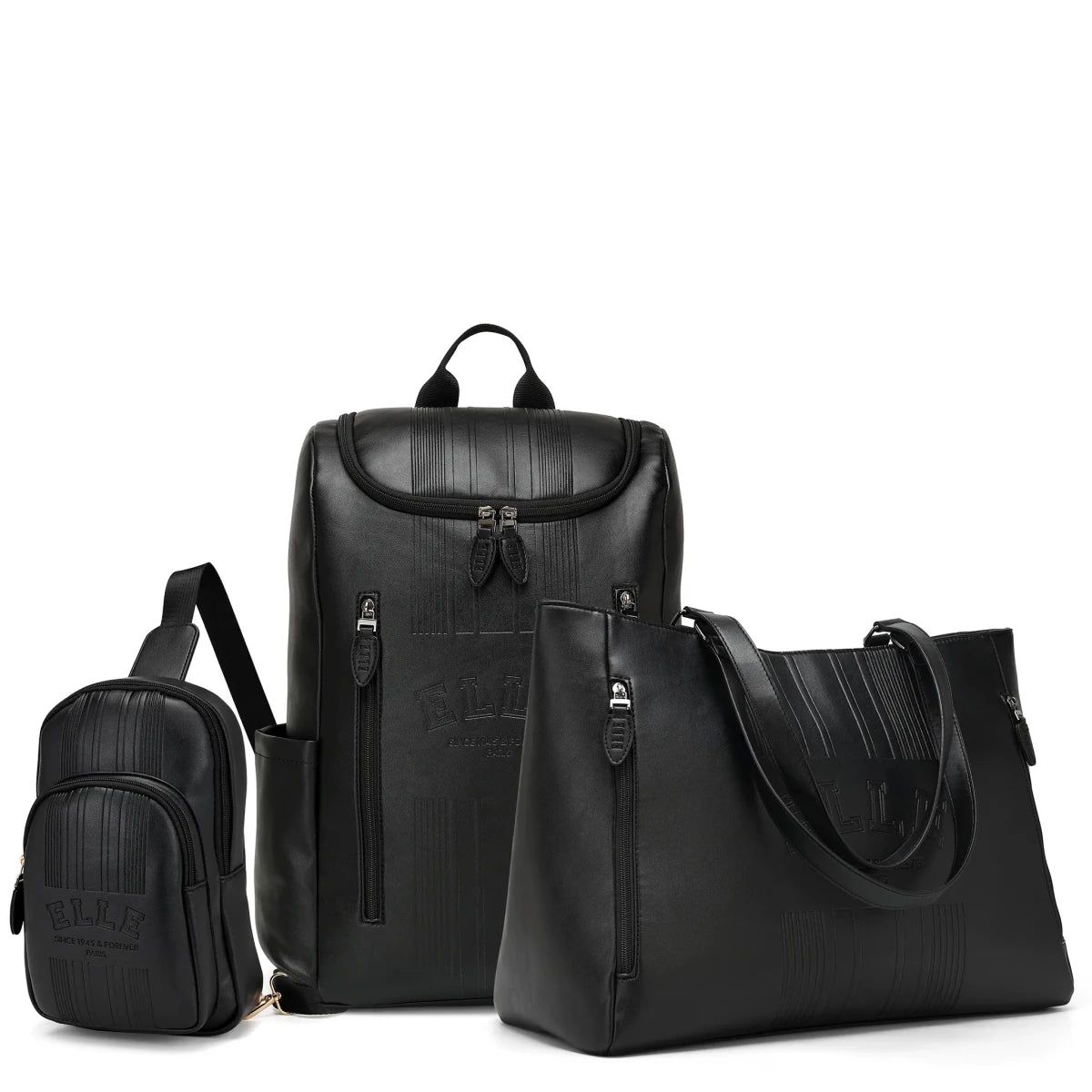 Set of black leather bags including a backpack, crossbody bag, and smaller pouch on a white background.