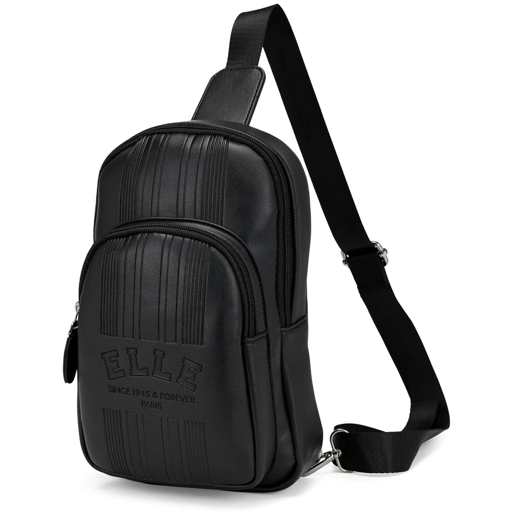 Black sling bag with 'ELLE' branding on a white background