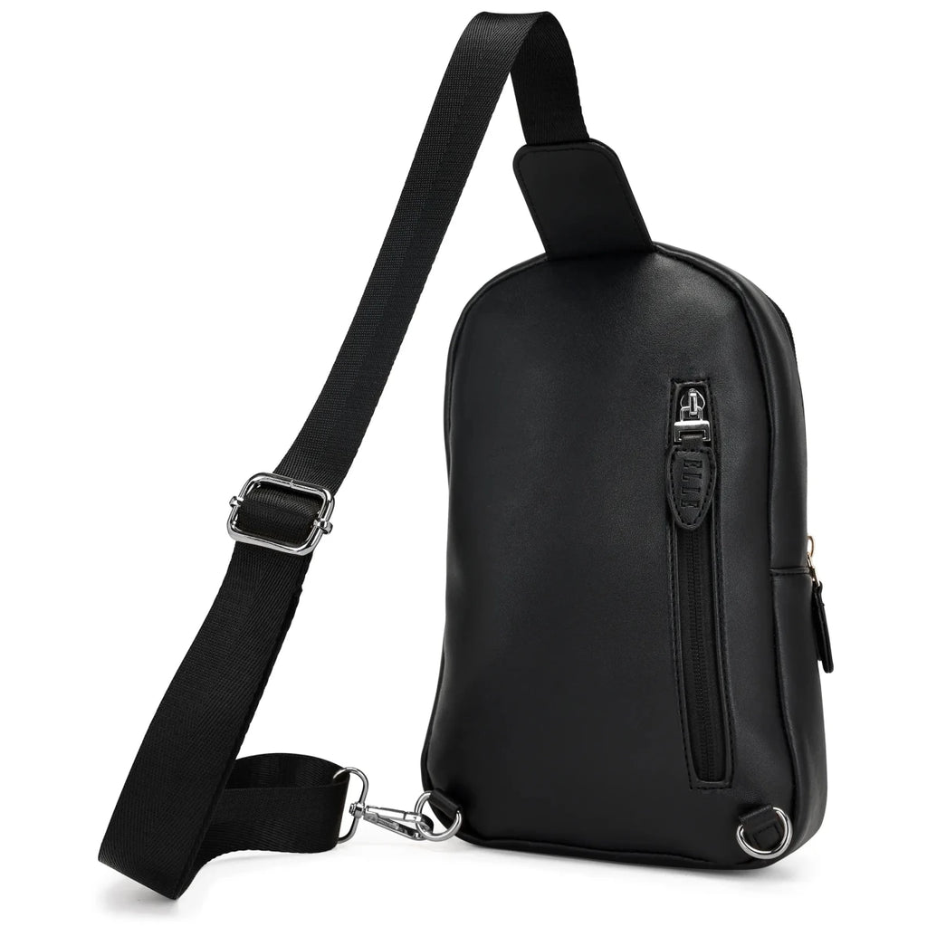 Black leather sling bag with gold hardware on a white background