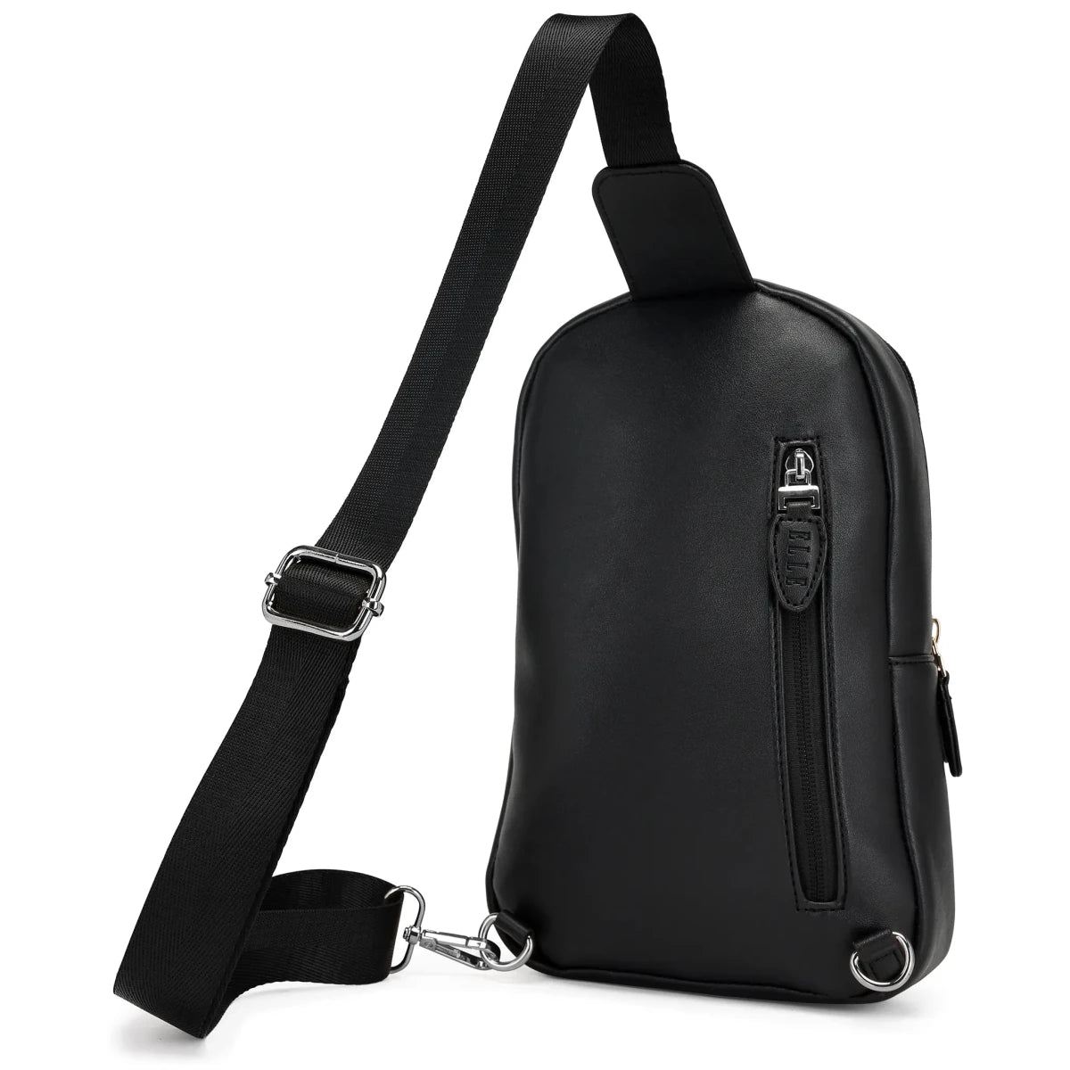 Black leather sling bag with gold hardware on a white background