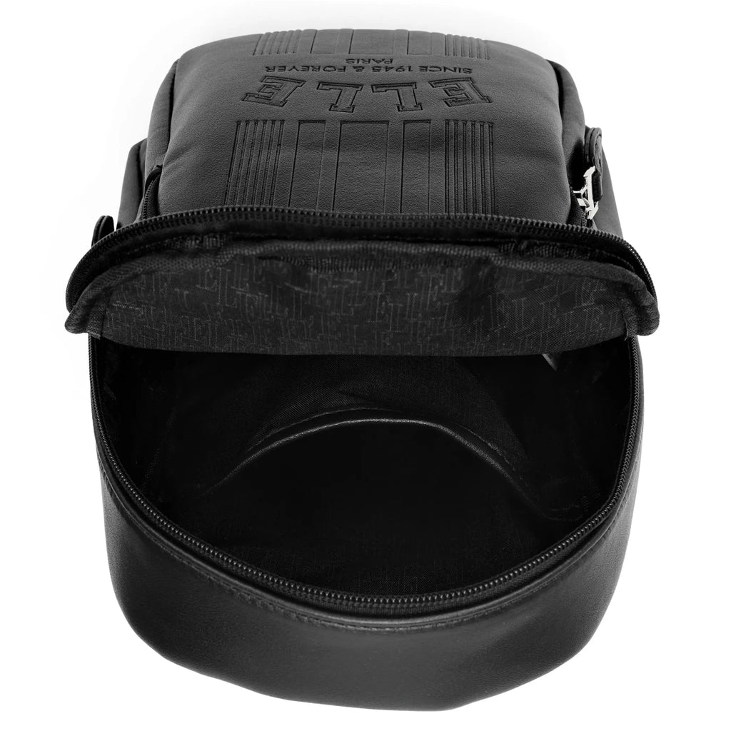 Black backpack with visible branding on a white background