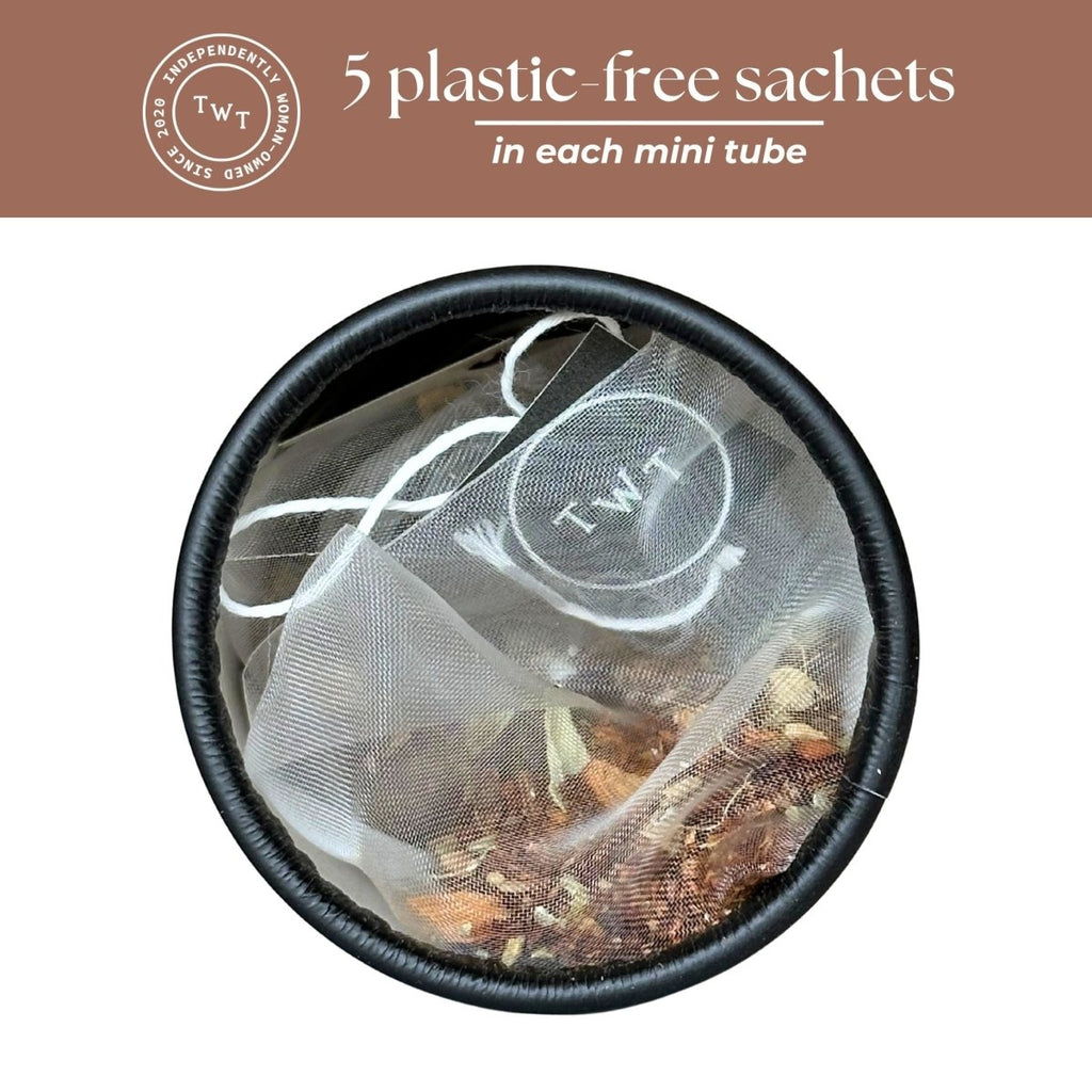 Rooibos Chai Mini Tea Tube – Spiced Herbal Comfort Blend (5 Sachets) with 5 plastic-free sachets.
