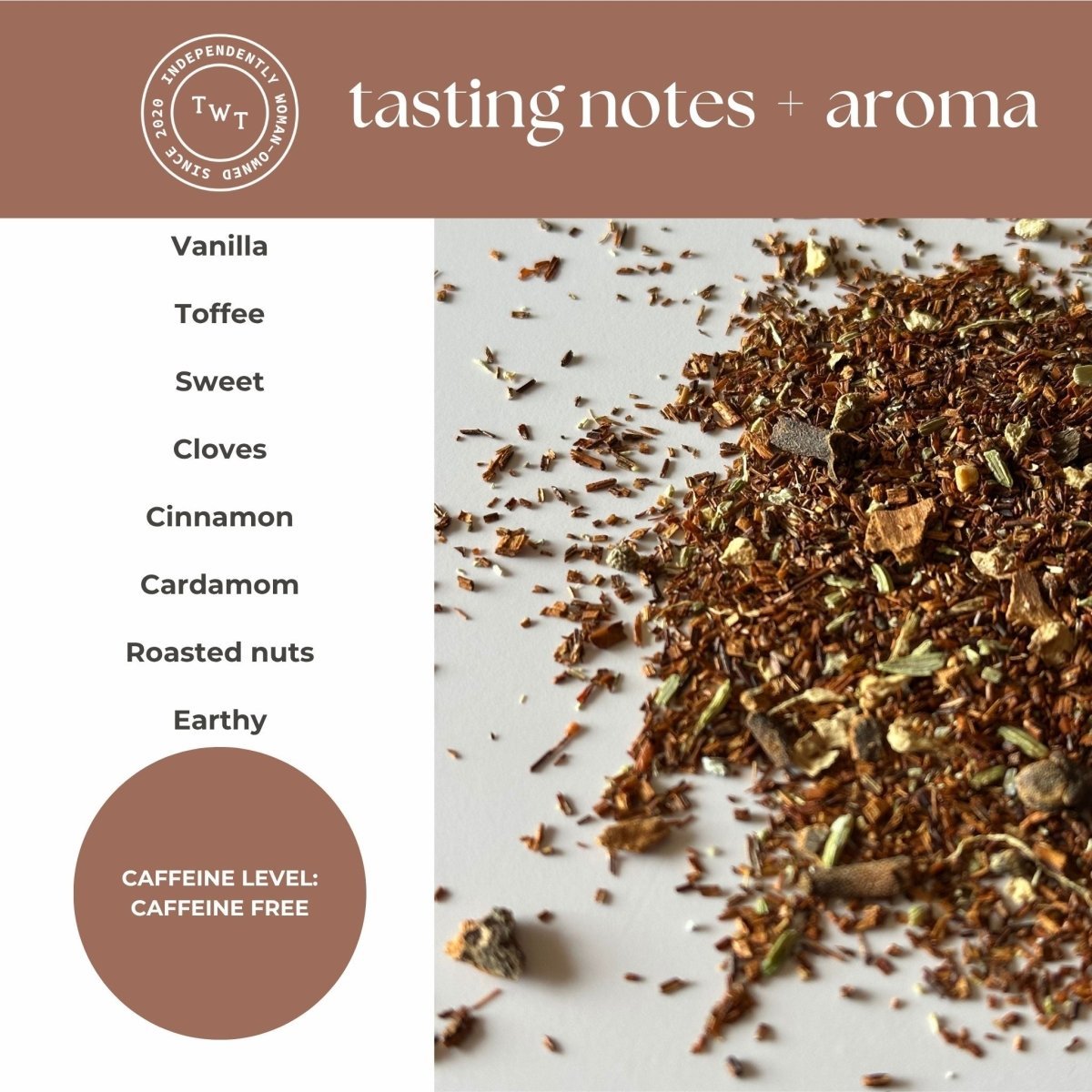 Rooibos Chai Mini Tea Tube – Spiced Herbal Comfort Blend ingredients with tasting notes, caffeine free.