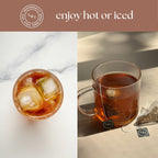 Rooibos Chai Mini Tea Tube – Spiced Herbal Comfort Blend (5 Sachets) in hot and iced tea form.