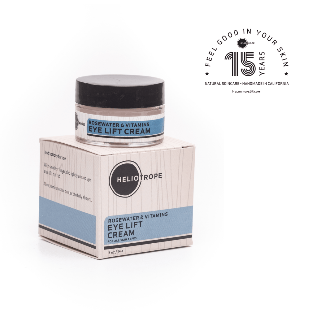 Rosewater & Vitamins Eye Lift Cream jar and packaging for travel size essentials.