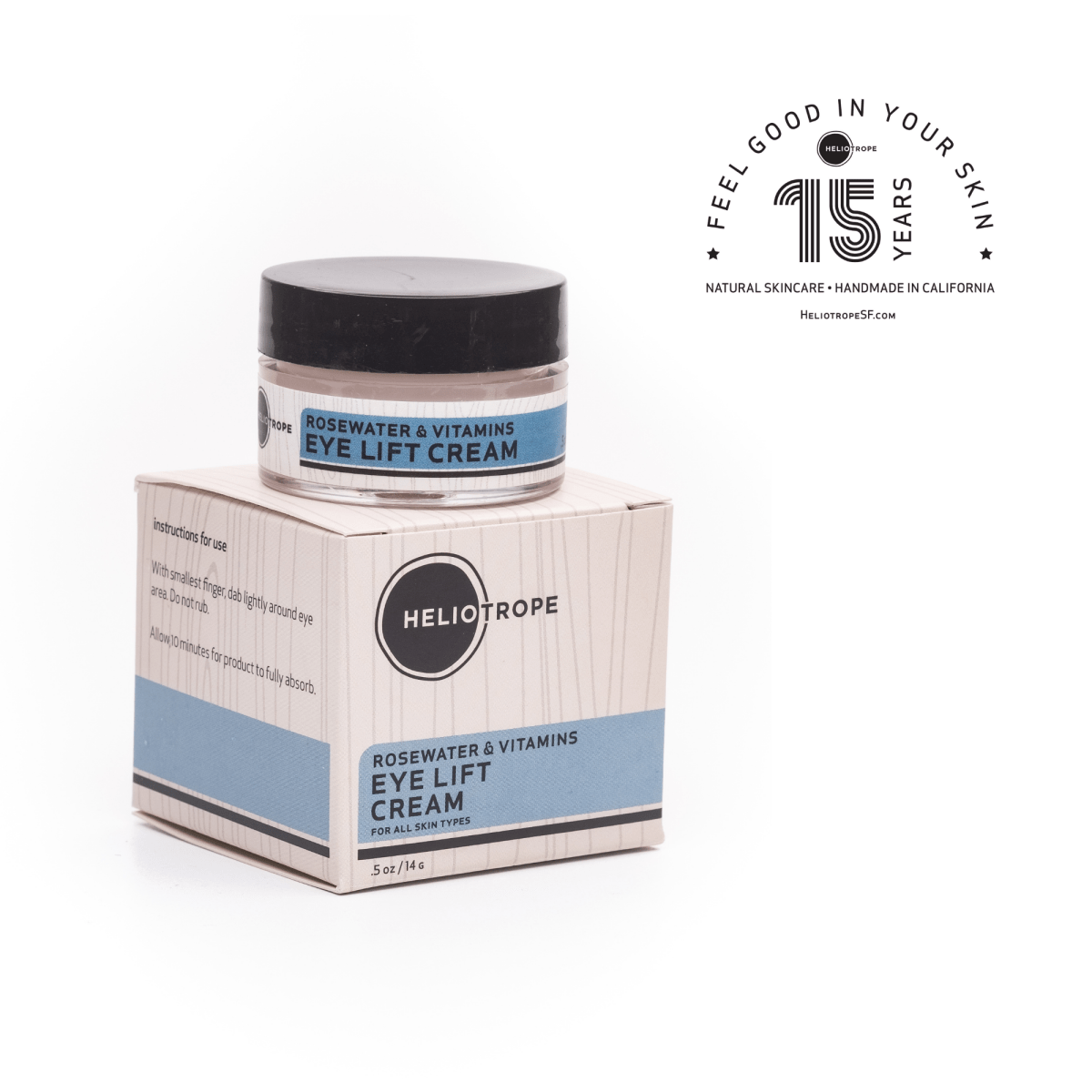 Rosewater & Vitamins Eye Lift Cream jar and packaging for travel size essentials.