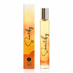A bottle of Sanctify Eau de Parfum with a silver cap next to its matching box, both featuring a warm orange and yellow watercolor design with the brand name Sanctify in black script.