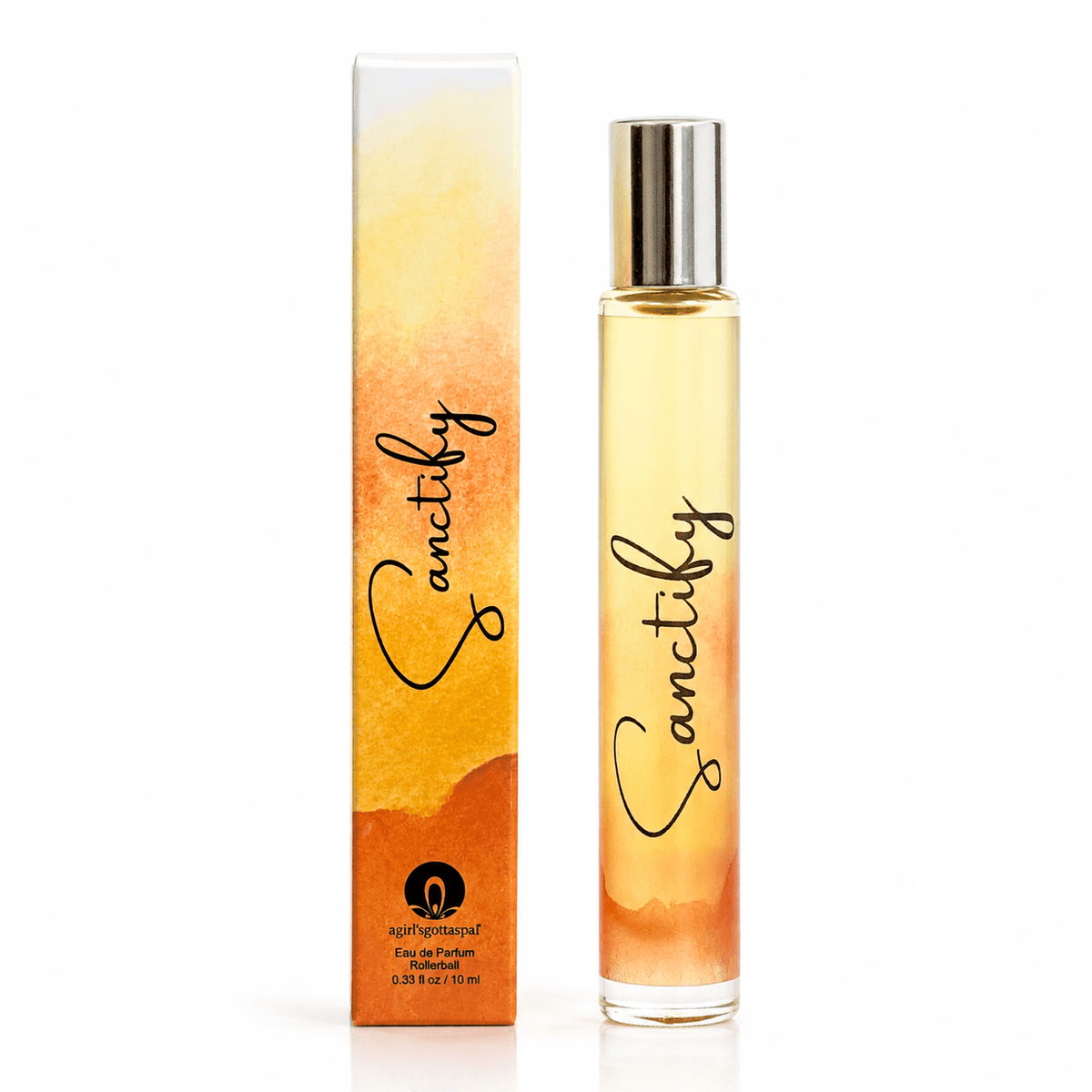 A bottle of Sanctify Eau de Parfum with a silver cap next to its matching box, both featuring a warm orange and yellow watercolor design with the brand name Sanctify in black script.