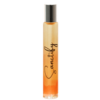 Perfume bottle with 'Sanctify' branding on a gradient background