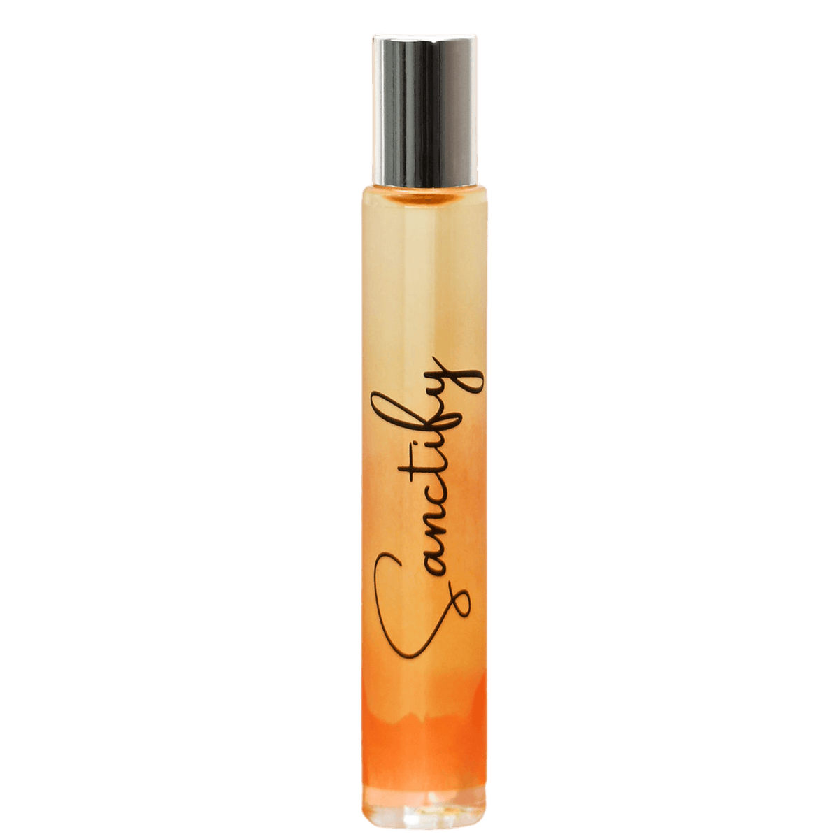 Perfume bottle with 'Sanctify' branding on a gradient background