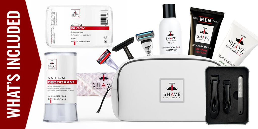 Shave Essentials Grooming Kit with Travel Bag contents and packaging