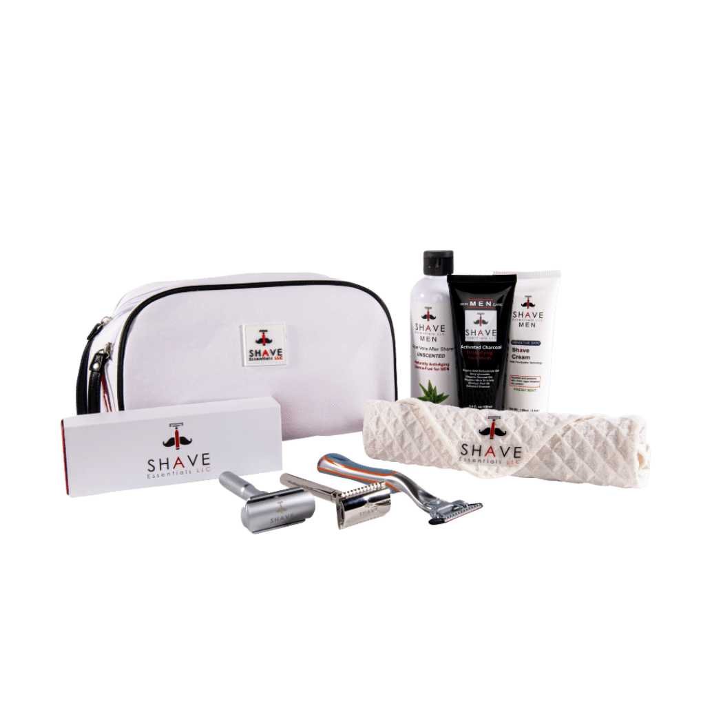 Shave Essentials Grooming Kit with Travel Bag, TSA approved toiletries and compact travel essentials.
