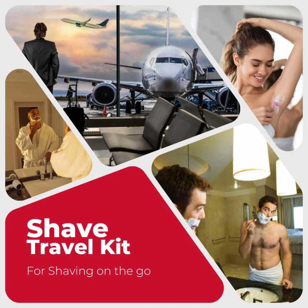 Collage of people shaving with a focus on a travel kit, featuring an airplane and various shaving scenarios.