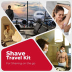 Collage of people shaving with a focus on a travel kit, featuring an airplane and various shaving scenarios.
